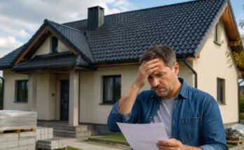 Aggódó férfi nézi a számlát egy új családi ház előtt – tetőfelújítás és tetőfedés költségei