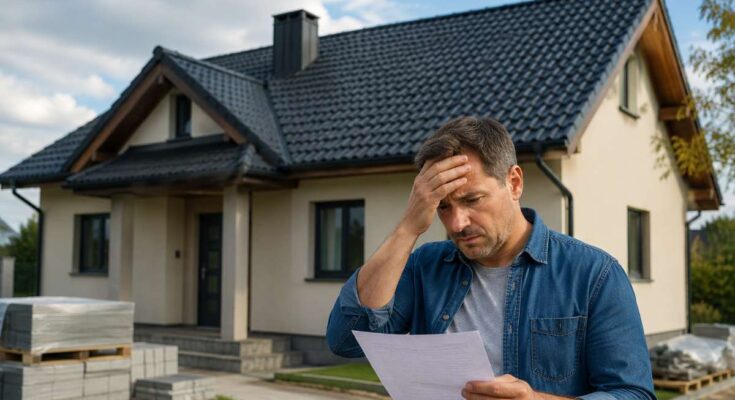 Aggódó férfi nézi a számlát egy új családi ház előtt – tetőfelújítás és tetőfedés költségei